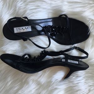 ISAAC Black Satin Beaded Heels/Sandals